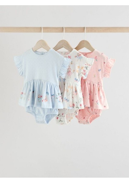 %100 Pamuklu Mavi Pembe Peri Desenli 3'lü Romper Set