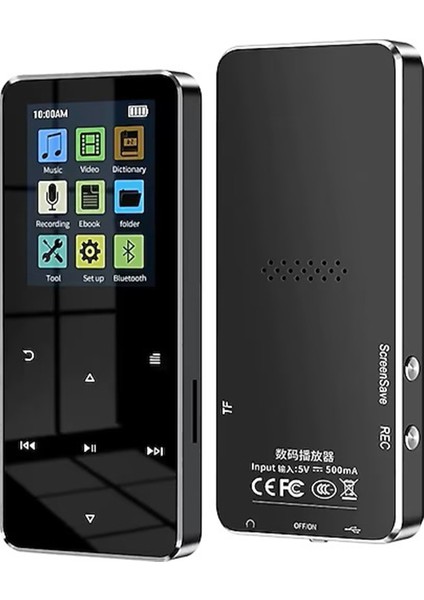 Bluetooth Mp3 Mp4 Çalar Ses Kayıt Şarjlı Player Dahili Hoparlör ve Kulaklık 16 GB Hafızalı Dokunmatik Siyah