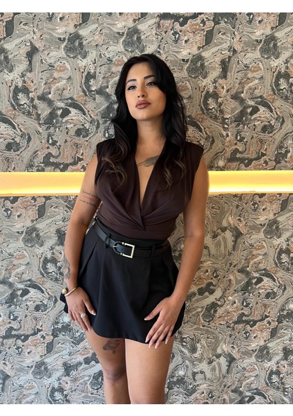 Anvelop Yaka Vatkalı Çıtçıtlı Kadın Bluz Kahverengi fiyatları