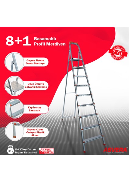 Elmas Serisi 8+1 Basamaklı Galvanizli Profil Merdiven - Ev - Bahçe - Iş Yeri İçin Dayanıklı
