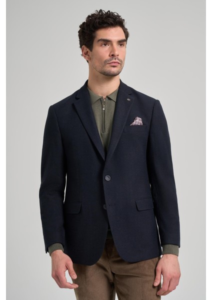 Koyu Lacivert Kendinden Çizgili Desen 4 Drop Comfort Fit Casual Esnek Ceket 1002245168