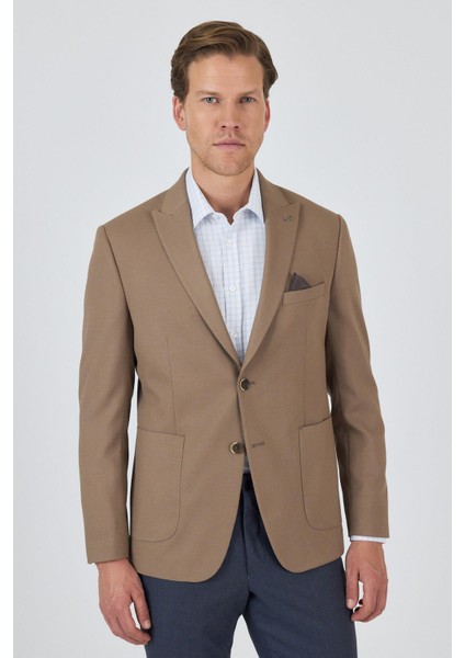 Koyu Bej Kılıç Yaka Esnek 6 Drop Slim Fit Classic Ceket 1002250124
