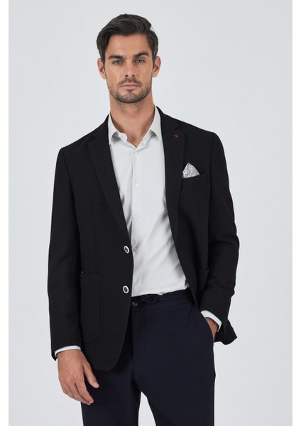 Siyah Mono Yaka Gofreli Esnek 6 Drop Slim Fit Casual Ceket 1002250125