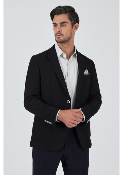 Siyah Mono Yaka Gofreli Esnek 6 Drop Slim Fit Casual Ceket 1002250125 modelleri