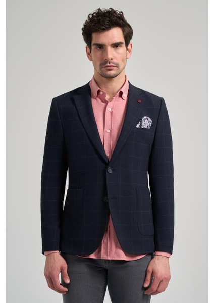 Siyah Kareli Mono Yaka Likralı 6 Drop Ekstra Slim Fit Casual Ceket 1002240156