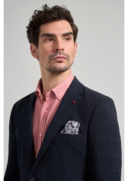 Siyah Kareli Mono Yaka Likralı 6 Drop Ekstra Slim Fit Casual Ceket 1002240156
