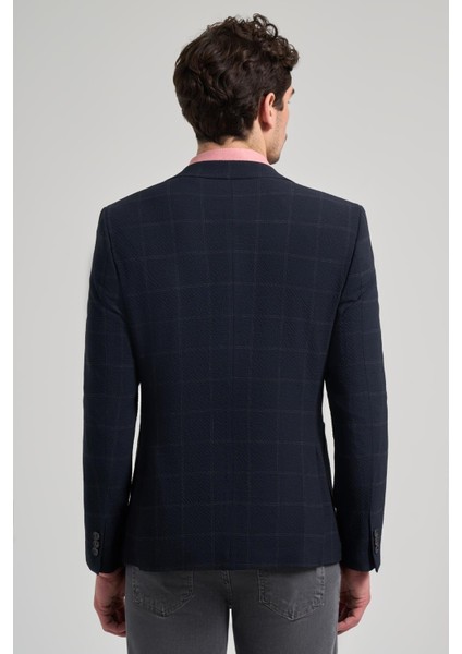 Siyah Kareli Mono Yaka Likralı 6 Drop Ekstra Slim Fit Casual Ceket 1002240156