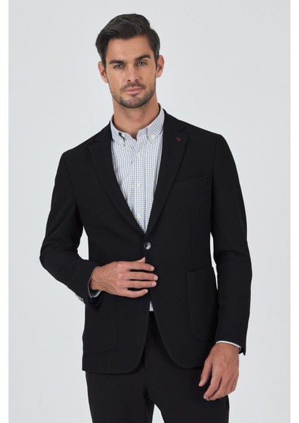Siyah Mono Yaka Düz 2 Düğme Casual Esnek Slim Fit Ceket 1002250123