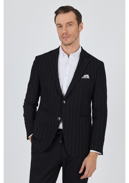 Siyah Mono Yaka Gofreli Esnek 6 Drop Slim Fit Casual Ceket 1002250126