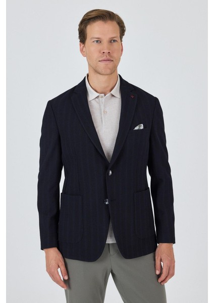 Koyu Lacivert Mono Yaka Gofreli Esnek 6 Drop Slim Fit Casual Ceket 1002250126