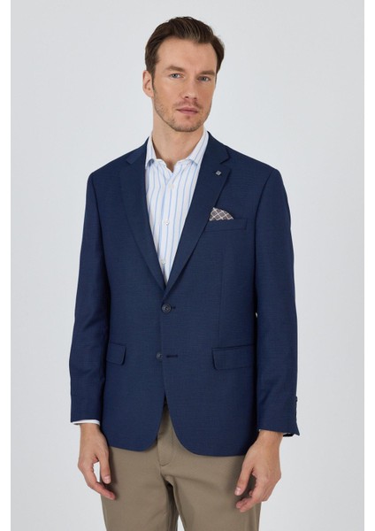 Lacivert Mono Yaka Armürlü Tam Astar Esnek 4 Drop Comfort Fit Classic Ceket 1002250152
