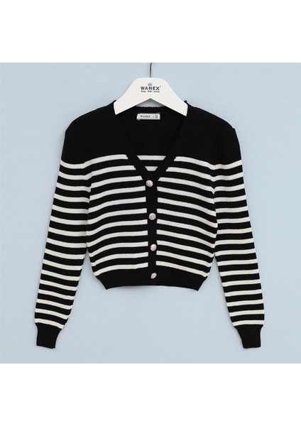 Kız Çocuk Uzun Kol Ince Düğmeli Triko Hırka - 23082 - Siyah - Vanilya