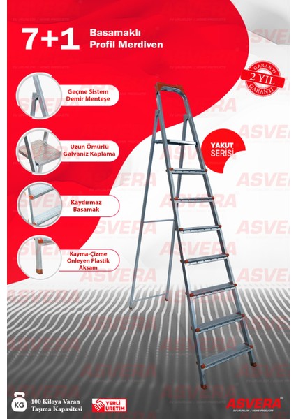 Yakut Serisi - 7+1 Basamaklı Galvanizli Profil Merdiven - Ev - Bahçe - İş Yeri İçin Dayanıklı