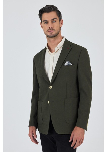 Koyu Haki Mono Yaka Gofreli Esnek 6 Drop Slim Fit Casual Ceket 1002250126