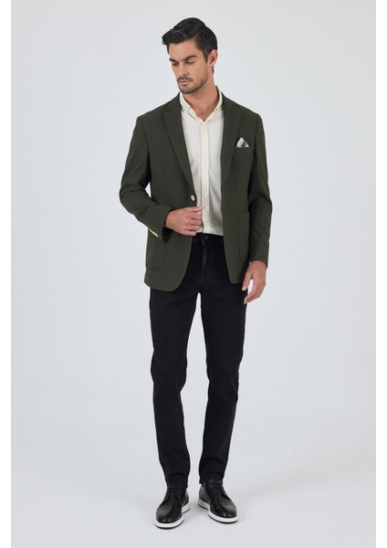 Koyu Haki Mono Yaka Gofreli Esnek 6 Drop Slim Fit Casual Ceket 1002250126