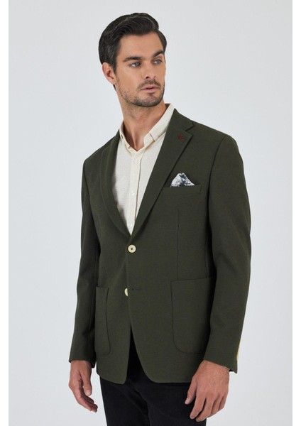 Koyu Haki Mono Yaka Gofreli Esnek 6 Drop Slim Fit Casual Ceket 1002250126