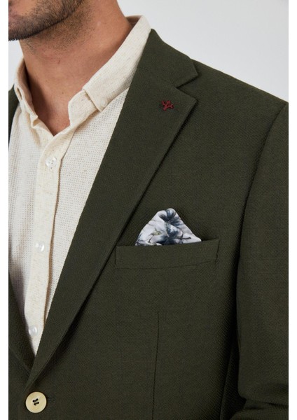 Koyu Haki Mono Yaka Gofreli Esnek 6 Drop Slim Fit Casual Ceket 1002250126