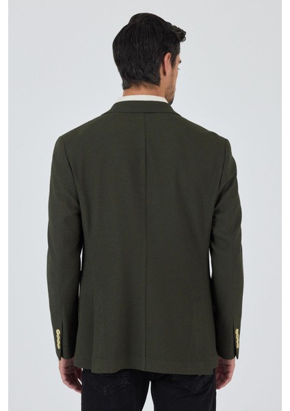 Koyu Haki Mono Yaka Gofreli Esnek 6 Drop Slim Fit Casual Ceket 1002250126