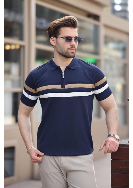 Lacivert Fermuarlı Polo Yaka Triko Erkek T-Shirt E7299