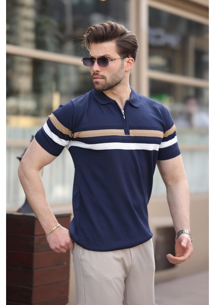 Lacivert Fermuarlı Polo Yaka Triko Erkek T-Shirt E7299 modelleri