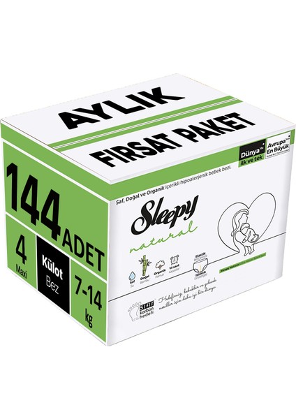 Külot Bebek Bezi Natural Beden:4 (7-14 kg) Maxi 144 Adet