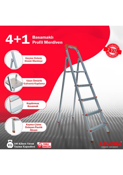 - 4+1 Basamaklı Galvanizli Profil Merdiven - Ev - Bahçe - İş Yeri İçin Dayanıklı