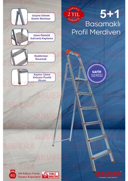 Safir Serisi 5+1 Basamaklı Galvanizli Profil Merdiven - Ev - Bahçe - İş Yeri İçin Dayanıklı