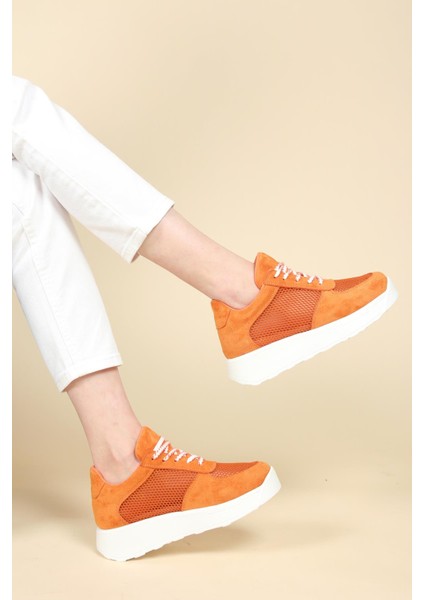 Süet File Garnili Bağcıklı Kadın Sneakers Turuncu