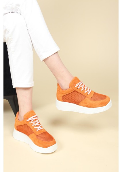 Süet File Garnili Bağcıklı Kadın Sneakers Turuncu