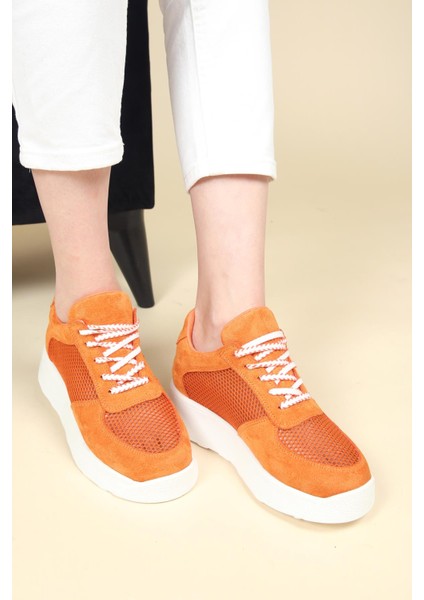 Süet File Garnili Bağcıklı Kadın Sneakers Turuncu