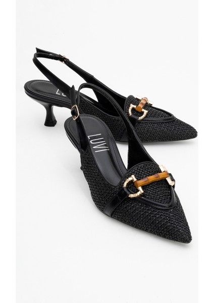 Osca Siyah Hasır Tokalı Sivri Burun Kadın Topuklu Ayakkabı