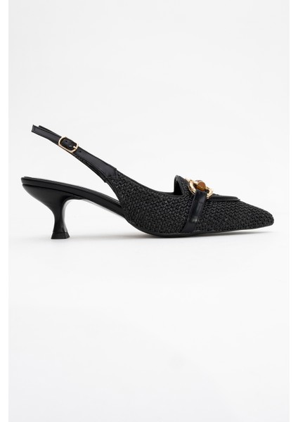 Osca Siyah Hasır Tokalı Sivri Burun Kadın Topuklu Ayakkabı indirimleri