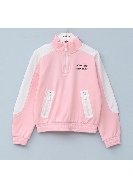 Kız Çocuk Şardonlu Uzun Kol Kalın Fermuarlı Yaka Tişört - 31989 - Pembe