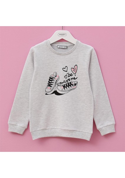 Kız Çocuk Şardonsuz Uzun Kol Ince Bisiklet Yaka Tişört - 31756 - Melanj