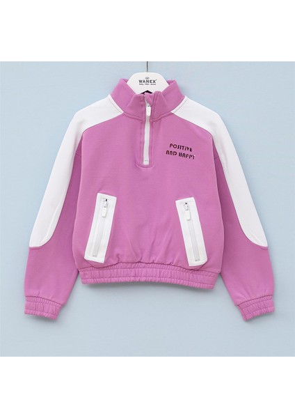 Kız Çocuk Şardonlu Uzun Kol Kalın Fermuarlı Yaka Tişört - 31989 - Lila