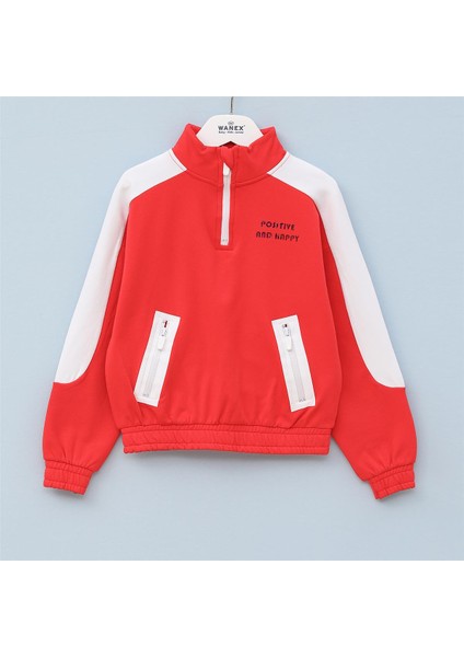 Kız Çocuk Şardonlu Uzun Kol Kalın Fermuarlı Yaka Tişört - 31989 - Nar Çiçeği