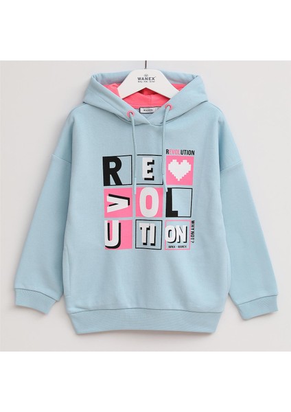 Kız Çocuk Şardonsuz Uzun Kol Ince Kapşonlu Tişört - 31868 - Mavi