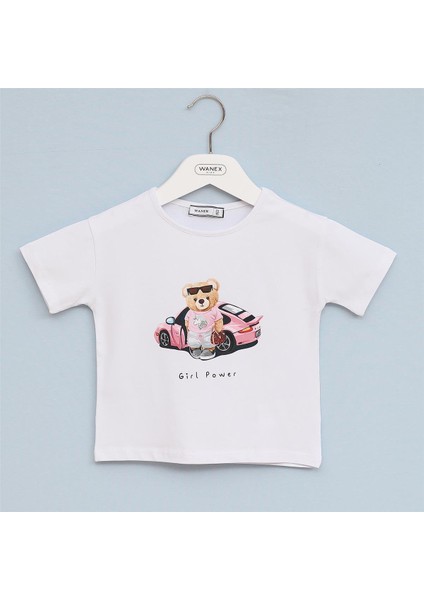 Kız Çocuk Kısa Kol Bisiklet Yaka Tişört - 32257 - Beyaz