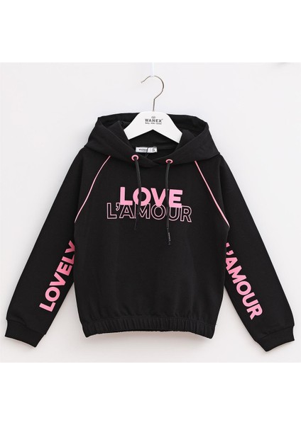 Kız Çocuk Şardonsuz Uzun Kol Ince Kapşonlu Tişört - 31461 - Siyah