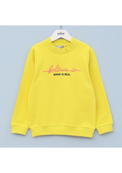 Kız Çocuk Şardonlu Uzun Kol Kalın Bisiklet Yaka Tişört - 31438 - Sarı