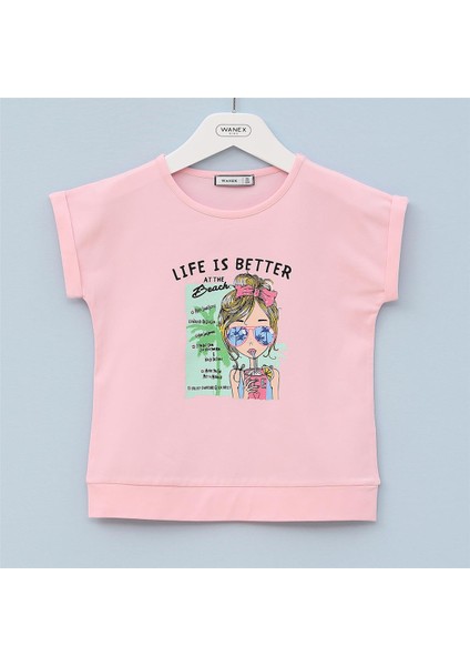 Kız Çocuk O Yaka Kısa Kol Yazlık Tişört - (3 Yaş-8 Yaş) - 31085 - Pembe
