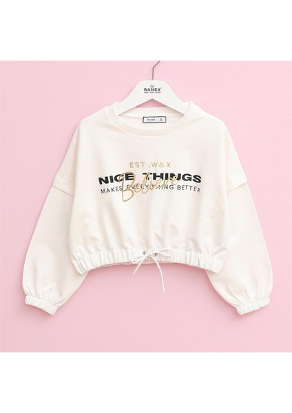 Kız Çocuk Bisiklet Yaka Şardonsuz Uzun Kol Ince Tişört - (7 Yaş-12 Yaş) - 32392 - Vanilya