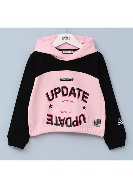 Kız Çocuk Şardonsuz Uzun Kol Ince Kapşonlu Tişört - 31837 - Siyah - Pembe