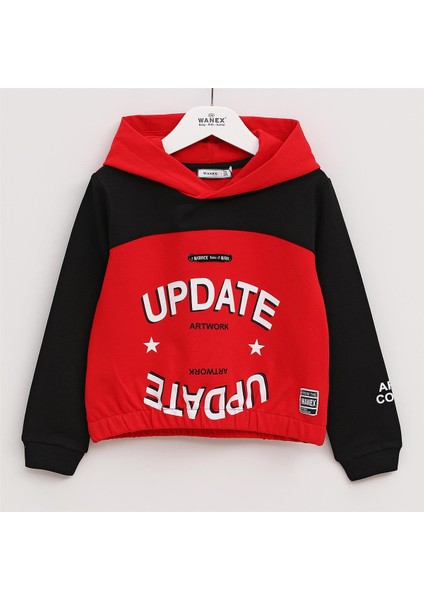 Kız Çocuk Şardonsuz Uzun Kol Ince Kapşonlu Tişört - 31837 - Siyah - Kırmızı