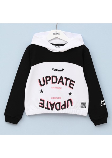 Kız Çocuk Şardonsuz Uzun Kol Ince Kapşonlu Tişört - 31837 - Beyaz - Turuncu