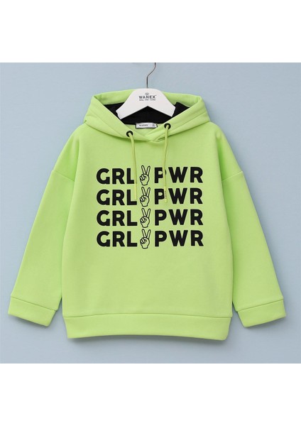 Kız Çocuk Şardonlu Uzun Kol Kalın Kapşonlu Tişört - 31892 - Fıstık Yeşili