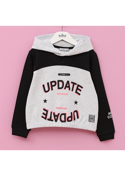 Kız Çocuk Şardonsuz Uzun Kol Ince Kapşonlu Tişört - 31837 - Siyah Melanj