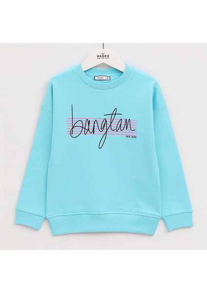 Kız Çocuk Şardonlu Uzun Kol Kalın Bisiklet Yaka Tişört - 32021 - Turkuaz