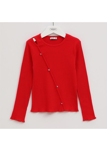 Kız Çocuk Uzun Kol Ince Bisiklet Yaka Tişört - 32124 - Kırmızı