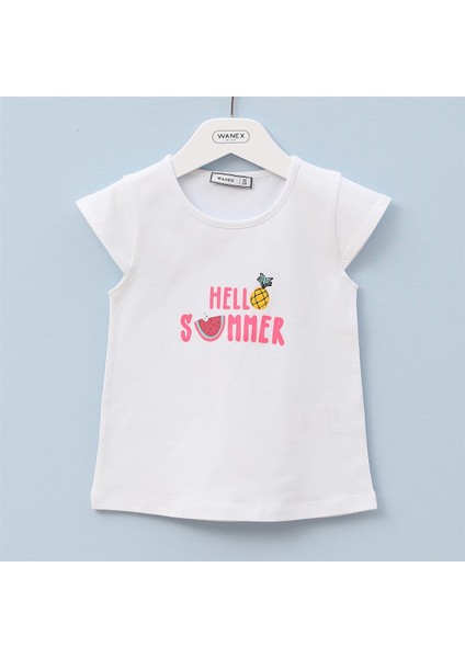 Kız Çocuk Kısa Kol Bisiklet Yaka Tişört - 32125 - Beyaz